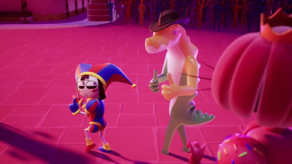 Pomni and Gummigoo pose confidently on the stage during a colorful scene in the Digital Circus.