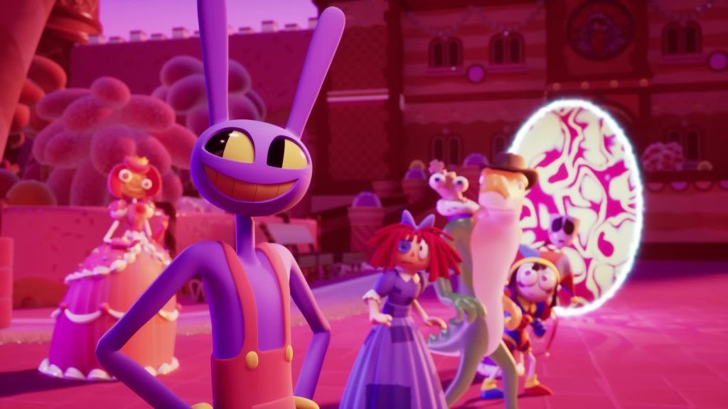 Jax smiles confidently as Pomni, Ragatha, and cowboy lizards stand near Princess Loolilalu and a glowing portal in the Digital Circus.