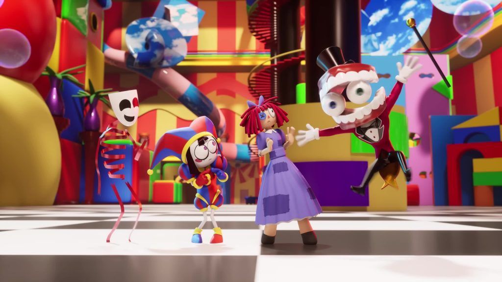 Caine, Pomni, Ragatha and Gangle stand happily together on the Digital Circus stage.