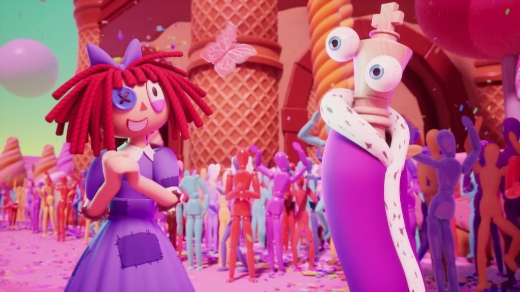 Ragatha and Kinger smile among colorful Digital Circus characters at a candy parade.