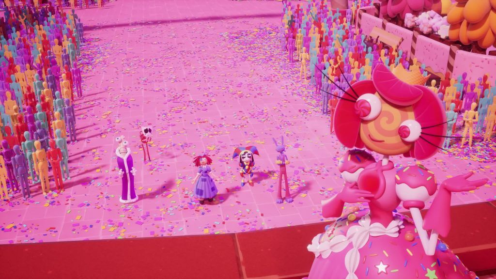 Princess Loolilalu greets Pomni, Ragatha, Kinger, Gangle and Jax during the Digital Circus festival.