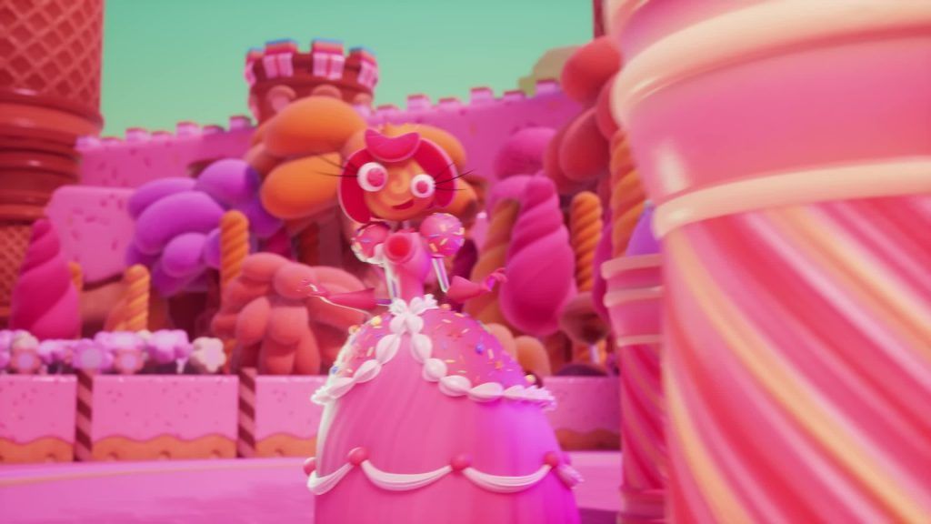 Princess Loolilalu poses among candy towers and ice cream decorations in her pink kingdom.
