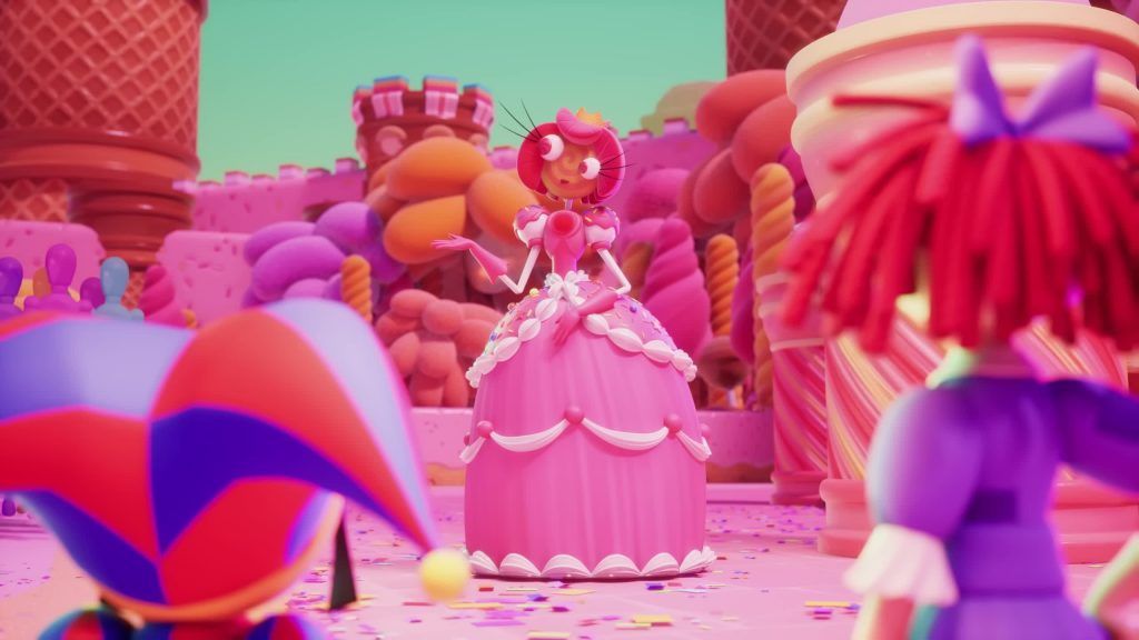 Princess Loolilalu talks to Pomni and Ragatha in front of her candy castle in the Digital Circus.
