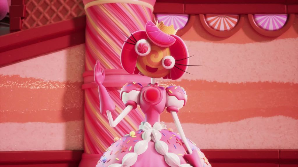Princess Loolilalu waves with a cheerful smile in front of striped candy pillars.