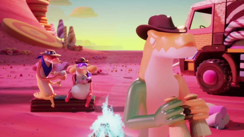 Gummigoo and his lizard friends relax by a campfire near a candy truck in the Digital Circus desert.