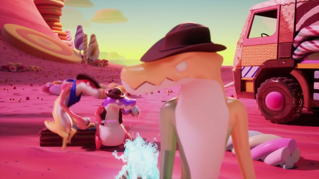 Gummigoo looks back at his friends dancing near the campfire in the candy desert of the Digital Circus.