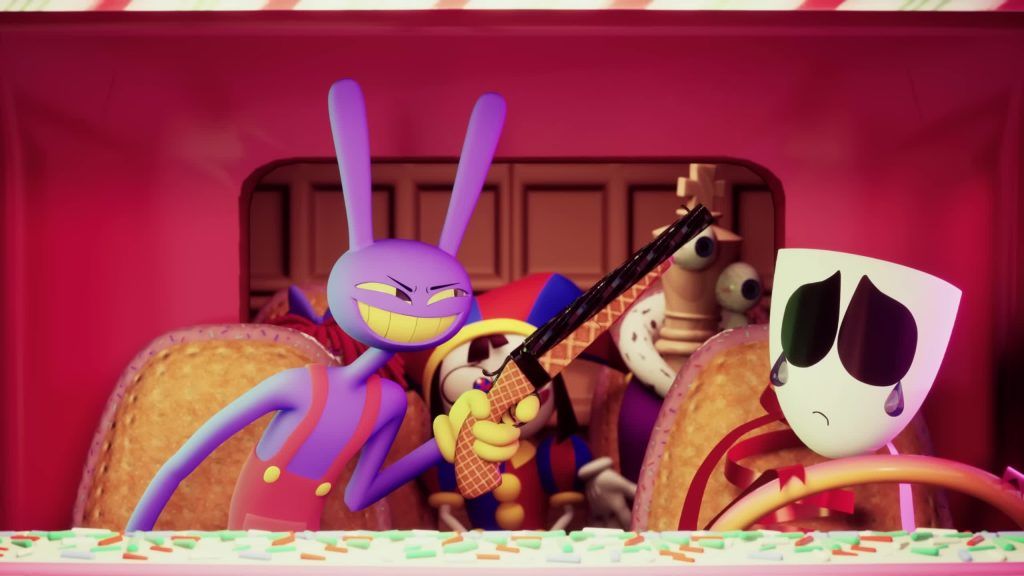 Jax grins while holding a waffle gun as Pomni, Gangle, and Kinger ride inside a pink truck in the Digital Circus.