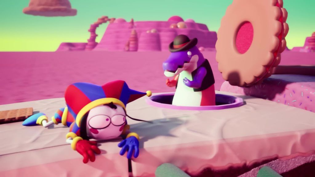 Pomni struggles to climb out of a cookie-like hole while Max watches in the candy desert of the Digital Circus.