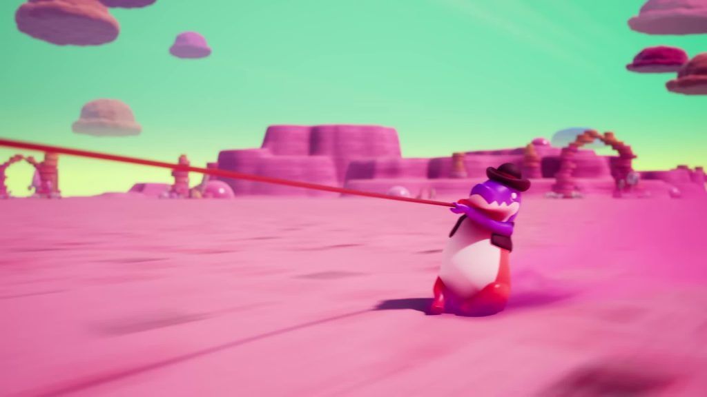 Max pulls a rope across the pink desert landscape in the Digital Circus.