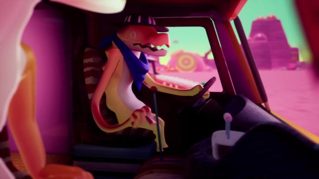 Chad’s partner at the wheel Chad’s red crocodile partner drives as they travel through the colorful desert in The Amazing Digital Circus.