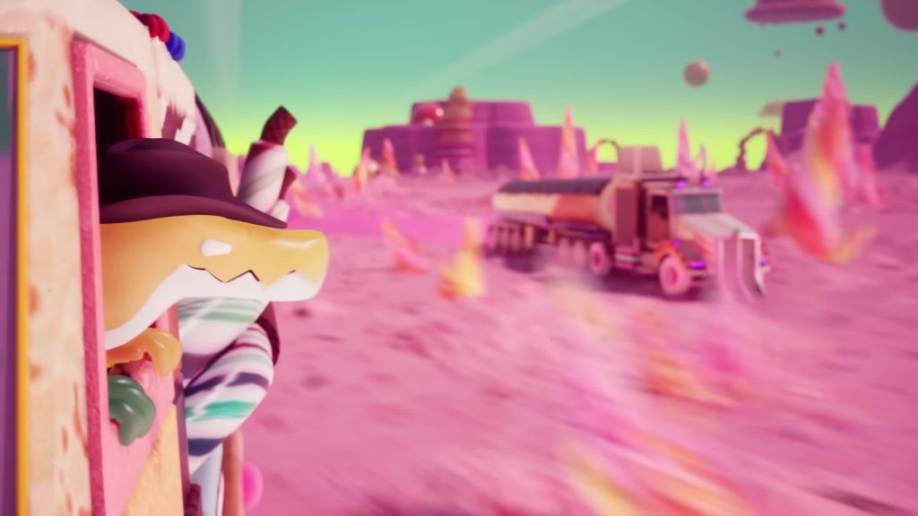 A lizard in a cowboy hat looks out from a candy truck window across the pink Digital Circus desert.