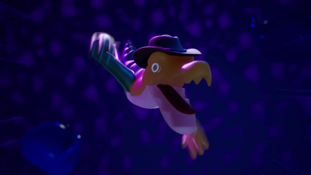 A cowboy lizard falls through a dark void surrounded by blue light in the Digital Circus world.