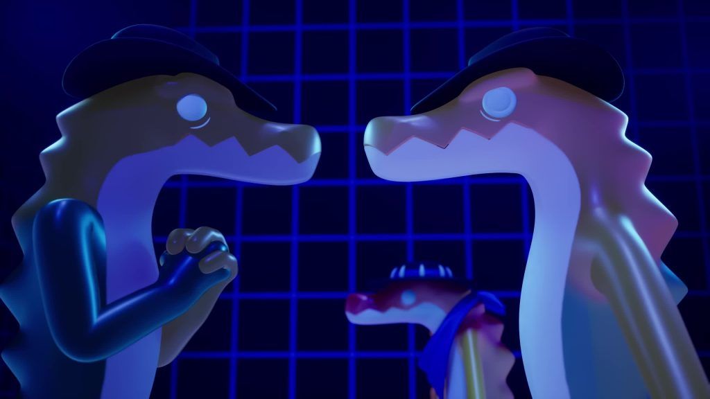 Gummigoo faces two lizard companions while planning under blue neon light in the Digital Circus.