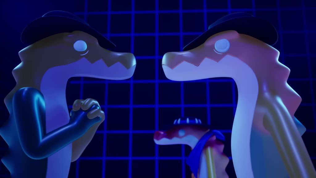 Two cowboy lizards talk seriously in a neon room inside the Digital Circus while another listens behind them.