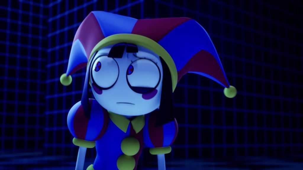 Pomni looks confused in a dark digital grid inside the Digital Circus.