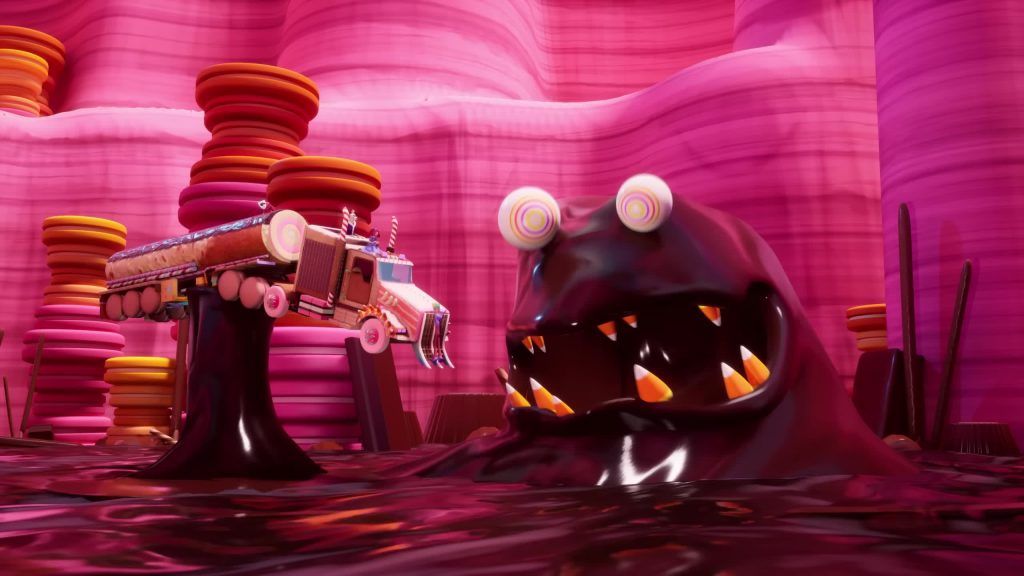 The Fudge monster lifts a candy truck above a chocolate river in the Digital Circus world.