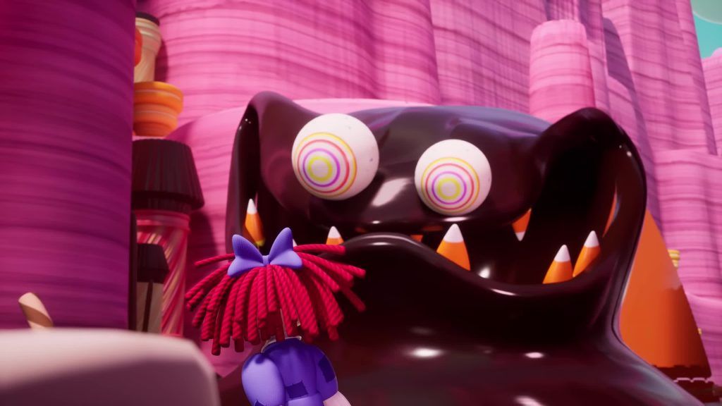 Ragatha faces The Fudge monster in the pink candy canyon of the Digital Circus.