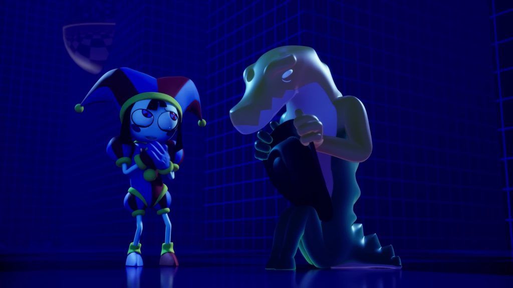 Pomni talks with a kneeling Gummigoo in a glowing blue digital room of the Digital Circus.
