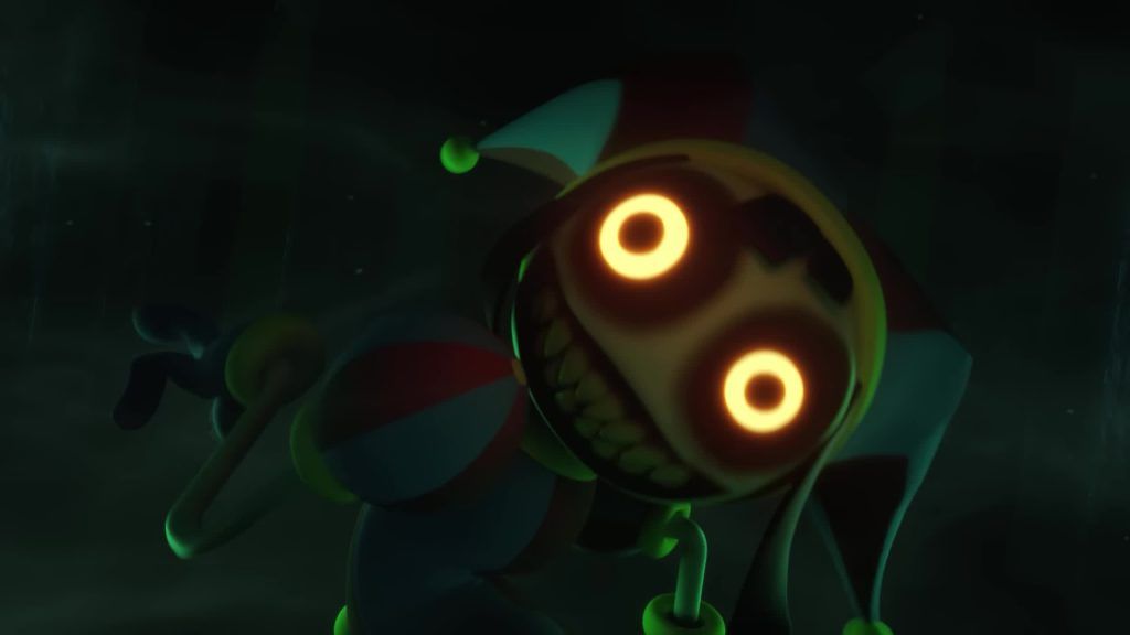 Pomni with glowing eyes and a wide smile in a dark green mist inside the Digital Circus.