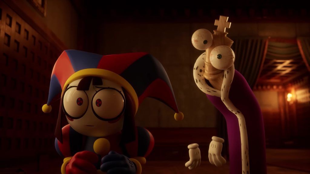 Pomni and Kinger look scared together in a dimly lit room inside the Digital Circus mansion.