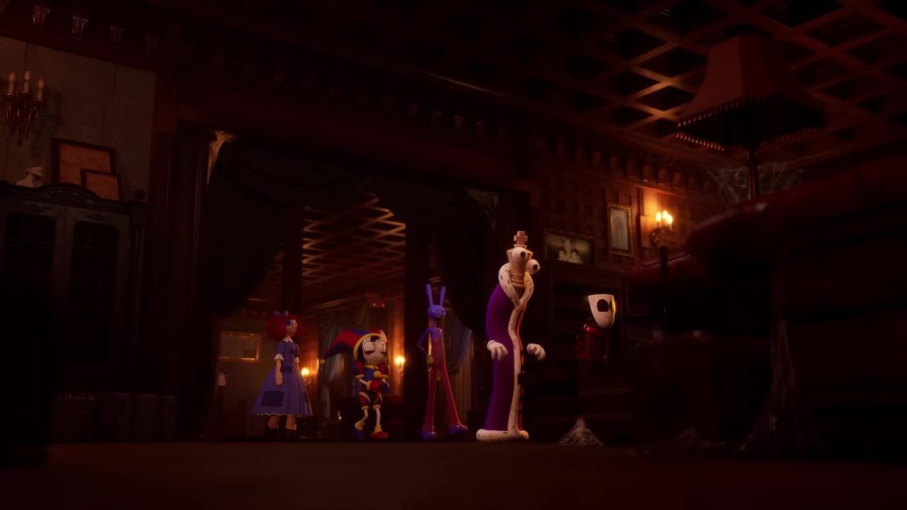 Pomni, Ragatha, Jax, Gangle and Kinger explore a dark mansion inside the Digital Circus.