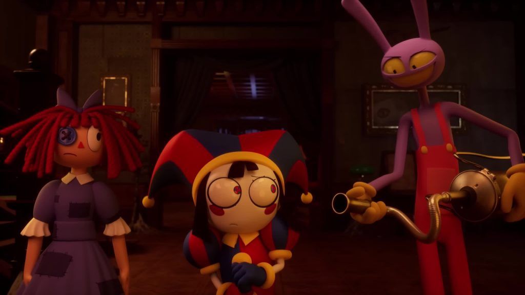 Ragatha, Pomni and Jax talk nervously in a dim room inside the Digital Circus mansion.