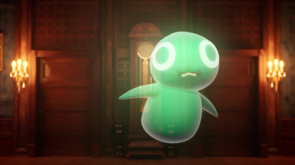 Ghostly floats with a soft green glow in the dark wooden hall of the Digital Circus.