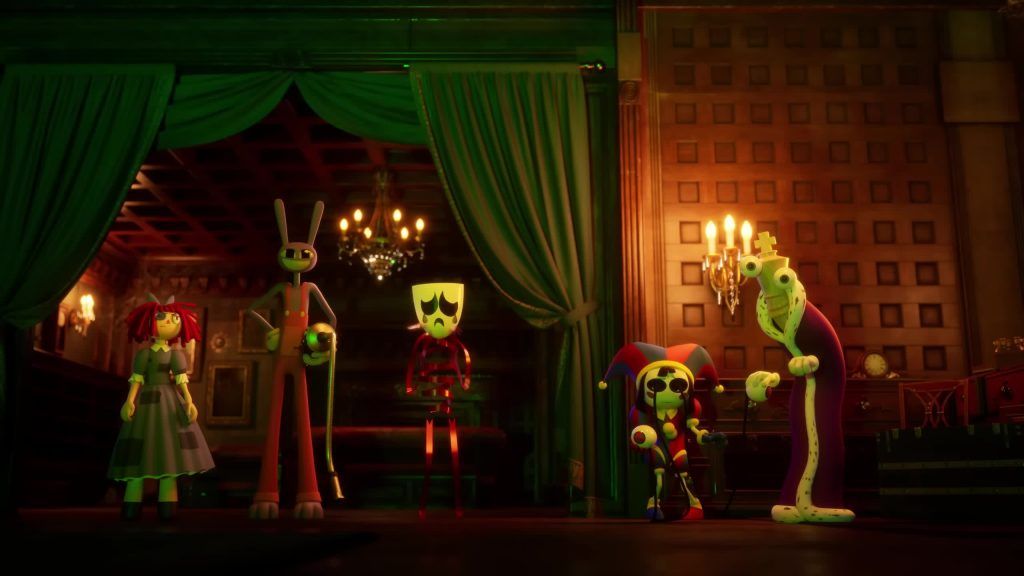 Ragatha, Jax, Gangle, Pomni and Kinger stand together under green light inside the Digital Circus mansion.
