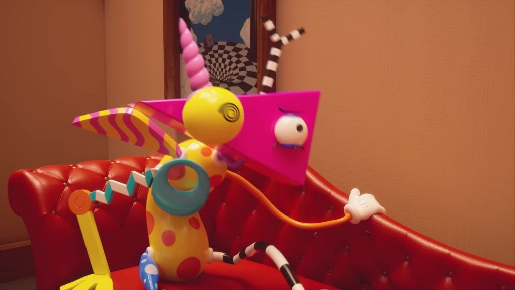 Zooble gestures expressively while sitting on a red couch in the Digital Circus.