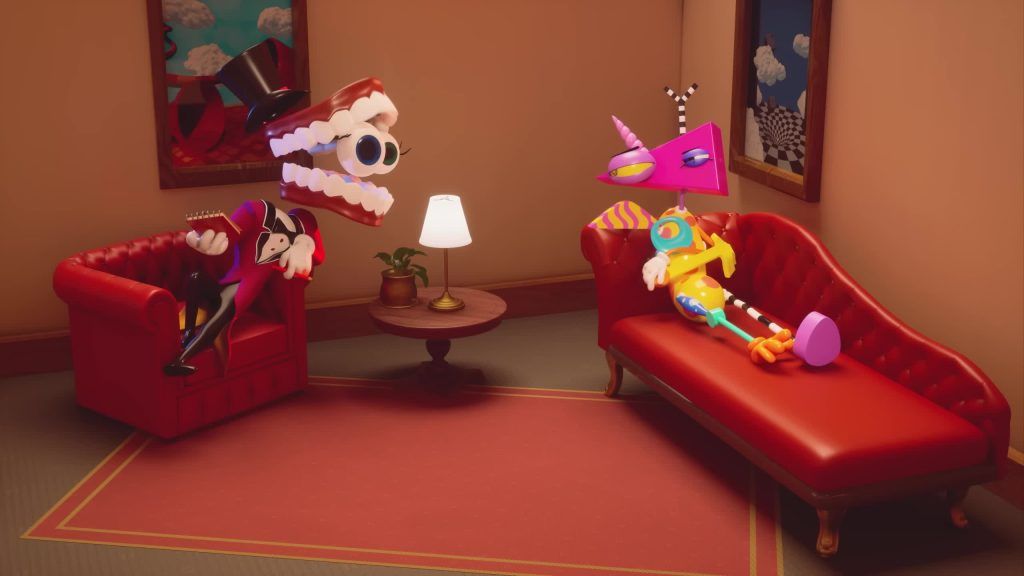 Caine speaks with Zooble during a therapy session in the Digital Circus office.