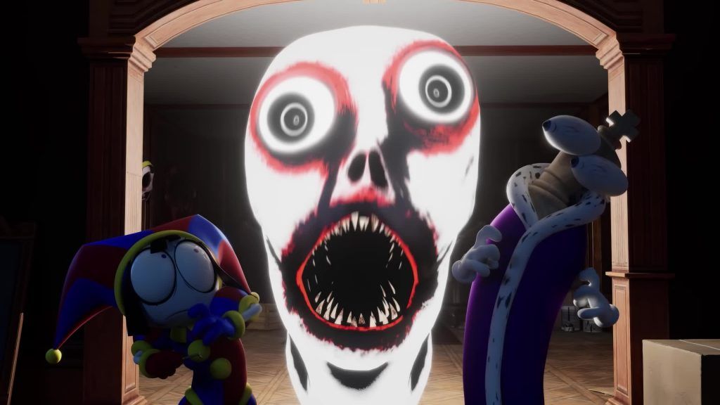 Pomni and Kinger scream as a terrifying white ghost face appears in the Digital Circus mansion.