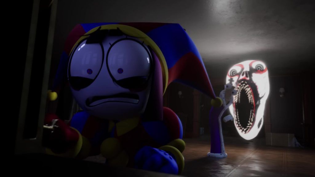Pomni hides while a monstrous ghost face attacks Kinger inside the Digital Circus mansion.