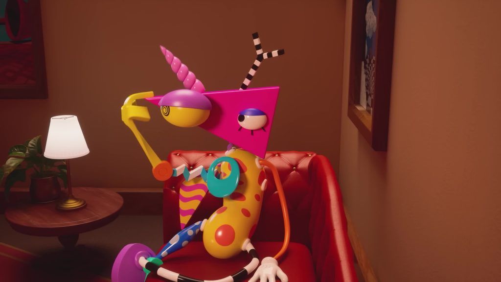 Zooble looks thoughtful while relaxing on a red couch in the Digital Circus office.