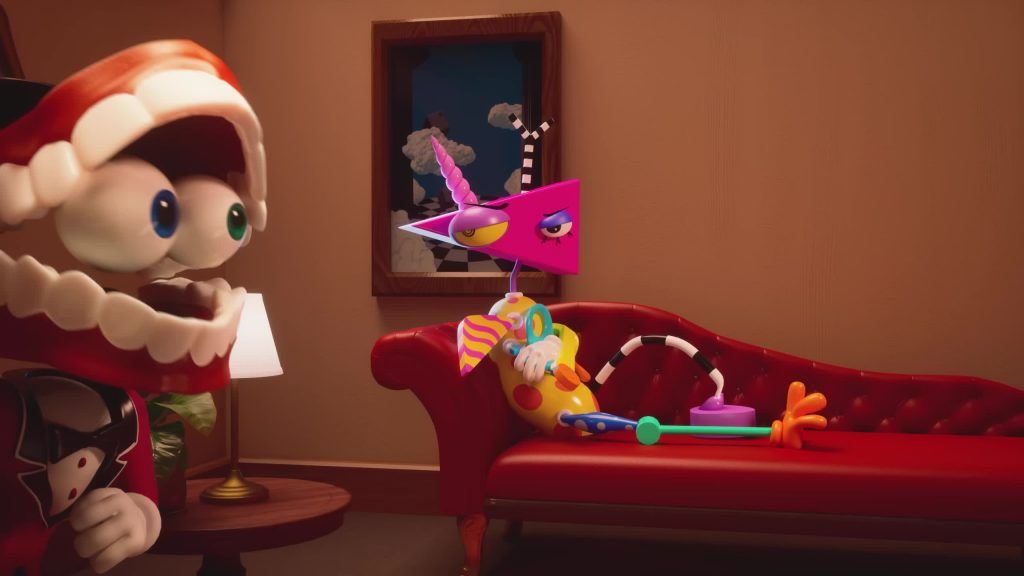 Zooble lounges on a red couch while Caine appears excited nearby in the Digital Circus.