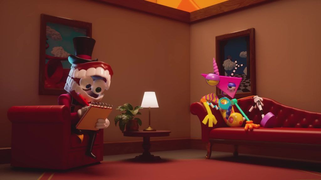 Caine writes notes while Zooble lies on a red couch during therapy in the Digital Circus.