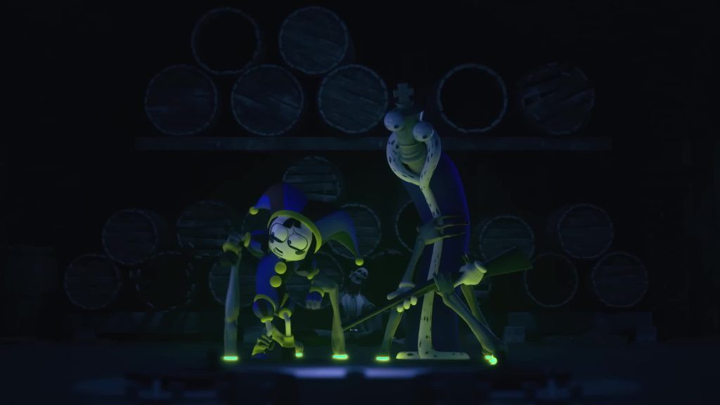 Pomni and Kinger hold glowing weapons in a dark cellar filled with barrels inside the Digital Circus.