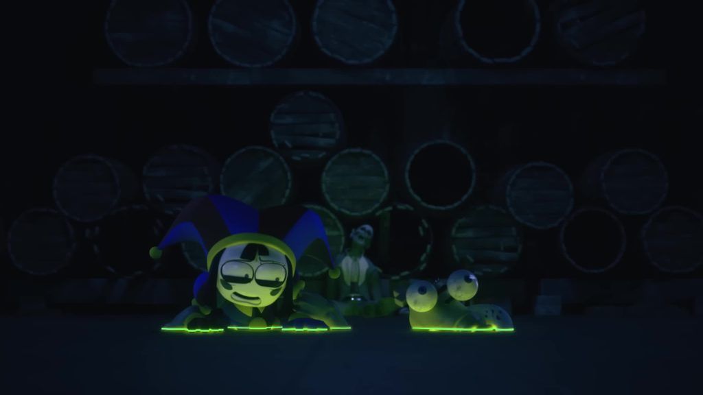 Pomni and Kinger find Baron Mildenhall Pomni and Kinger crawl past Baron Mildenhall's body in the Digital Circus cellar.