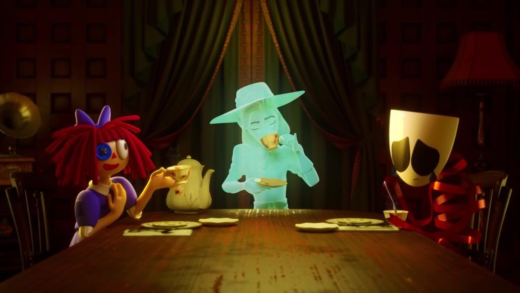 Ragatha, Gangle and a transparent ghost woman drink tea together at a table inside the Digital Circus mansion.