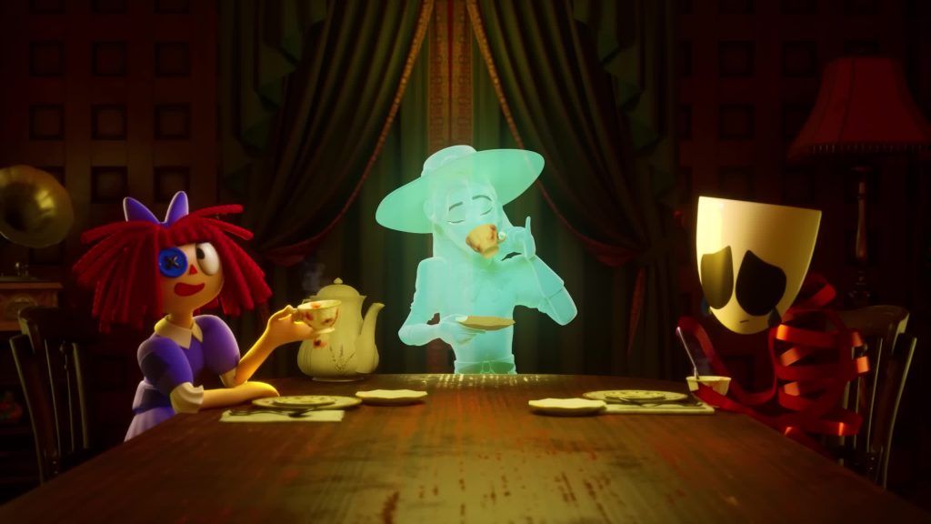 Ragatha, Gangle, and ghostly Martha Mildenhall have tea together in the Digital Circus mansion.