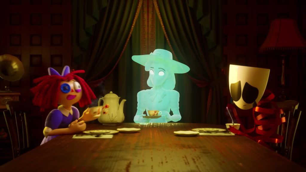 Martha Mildenhall sits with Ragatha and Gangle during a quiet tea moment in the Digital Circus.
