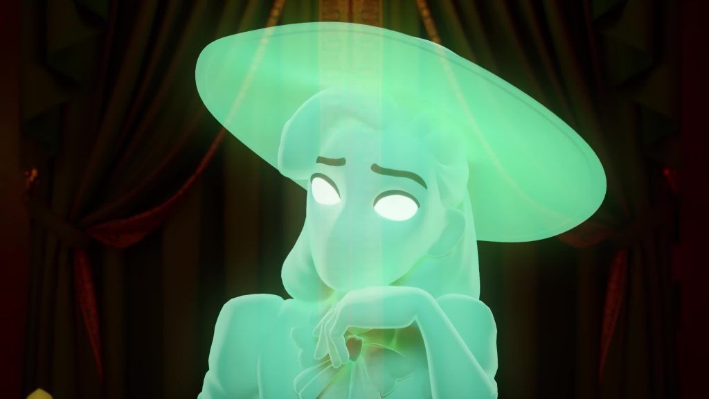 Close-up of the glowing ghost Martha Mildenhall as she observes her guests in the Digital Circus mansion.