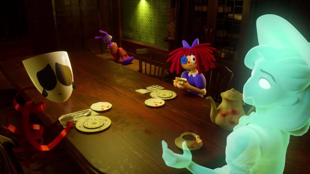 Martha Mildenhall talks with Ragatha and Gangle while Jax lounges in the background of the Digital Circus mansion.