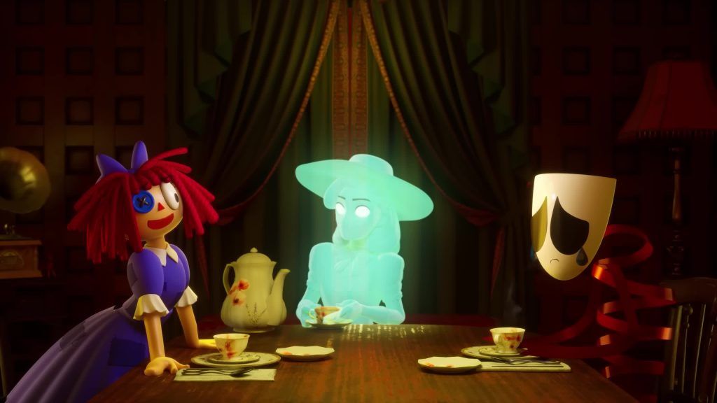 Ragatha and Gangle chat with Martha Mildenhall’s glowing ghost during tea in the Digital Circus.