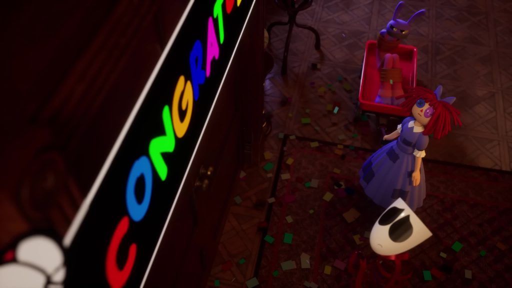 Ragatha, Jax and Gangle look up at a colorful congratulations banner inside the Digital Circus mansion.