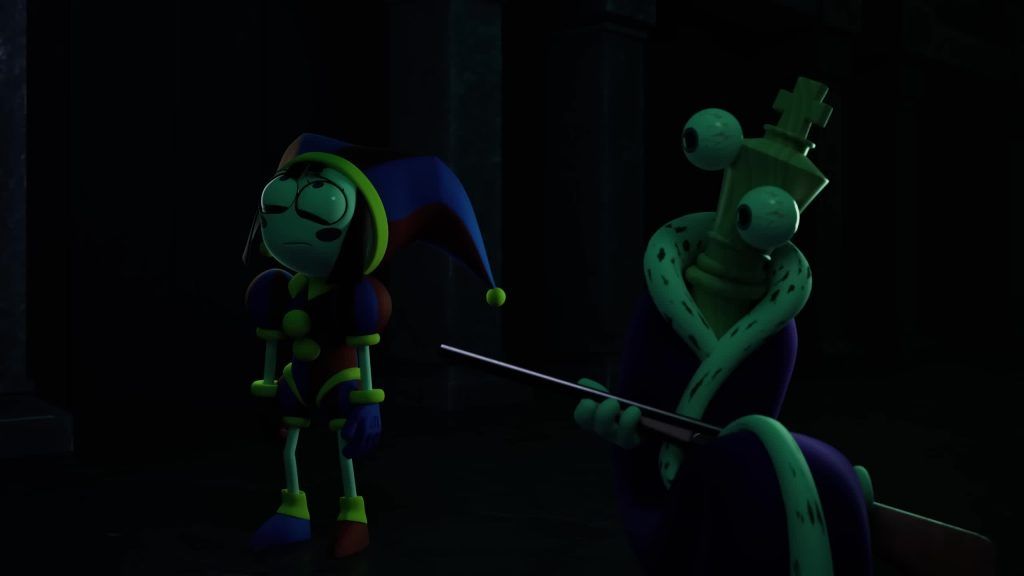 Pomni and Kinger stand in a dark corridor holding a rifle inside the eerie Digital Circus mansion.