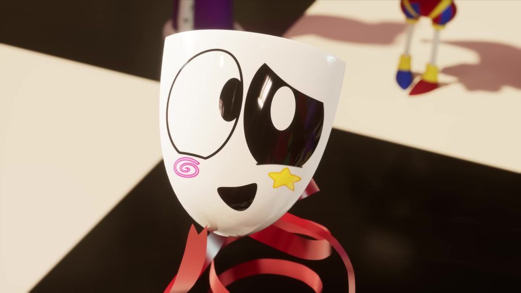 Gangle shows a cheerful expression with her repaired mask inside the Digital Circus.