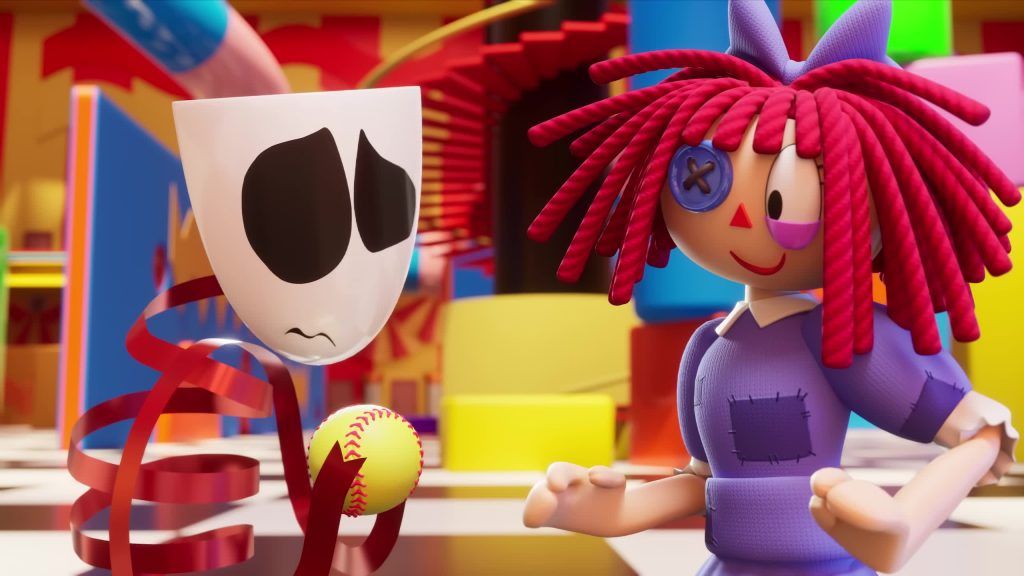 Gangle holds a baseball while Ragatha smiles beside her in the Digital Circus.