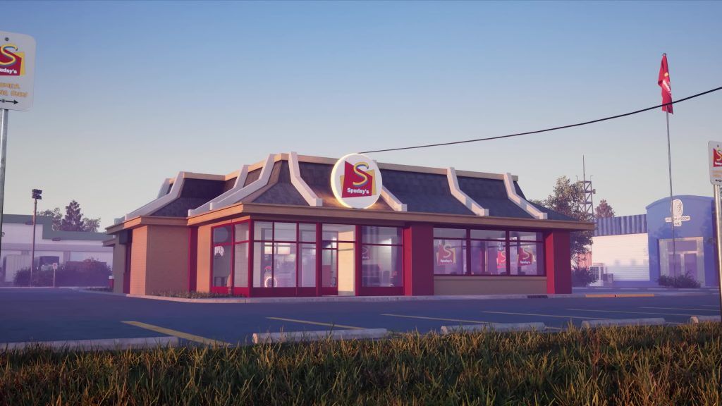 Exterior view of Spudley's fast food restaurant featured in the Digital Circus episode.