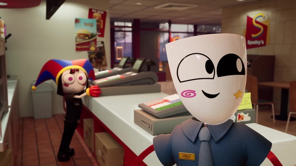 Gangle smiles while Pomni works behind the counter at Spudley's restaurant in the Digital Circus.