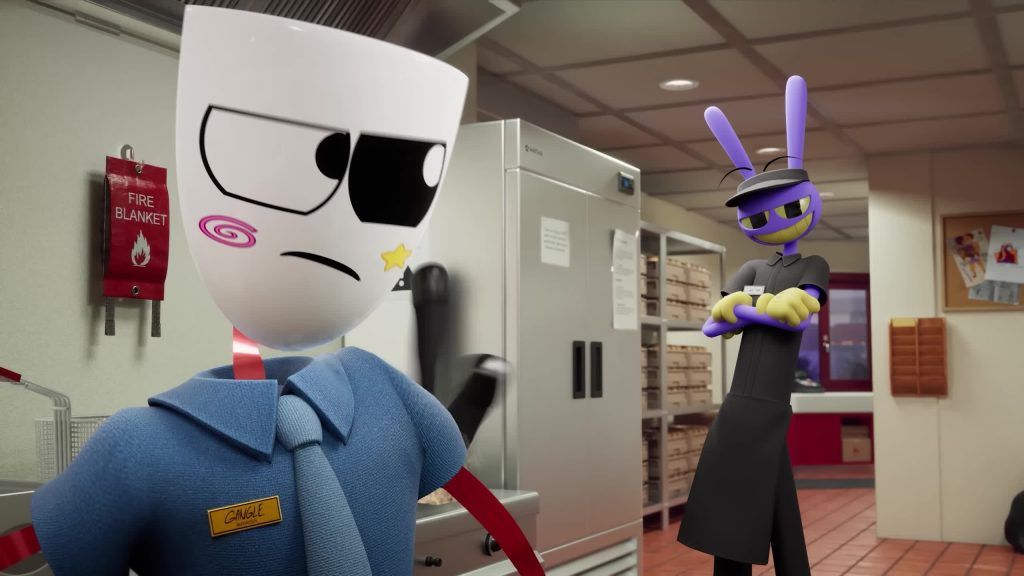 Jax and Gangle wear restaurant uniforms and argue in the kitchen at Spudley's inside the Digital Circus.
